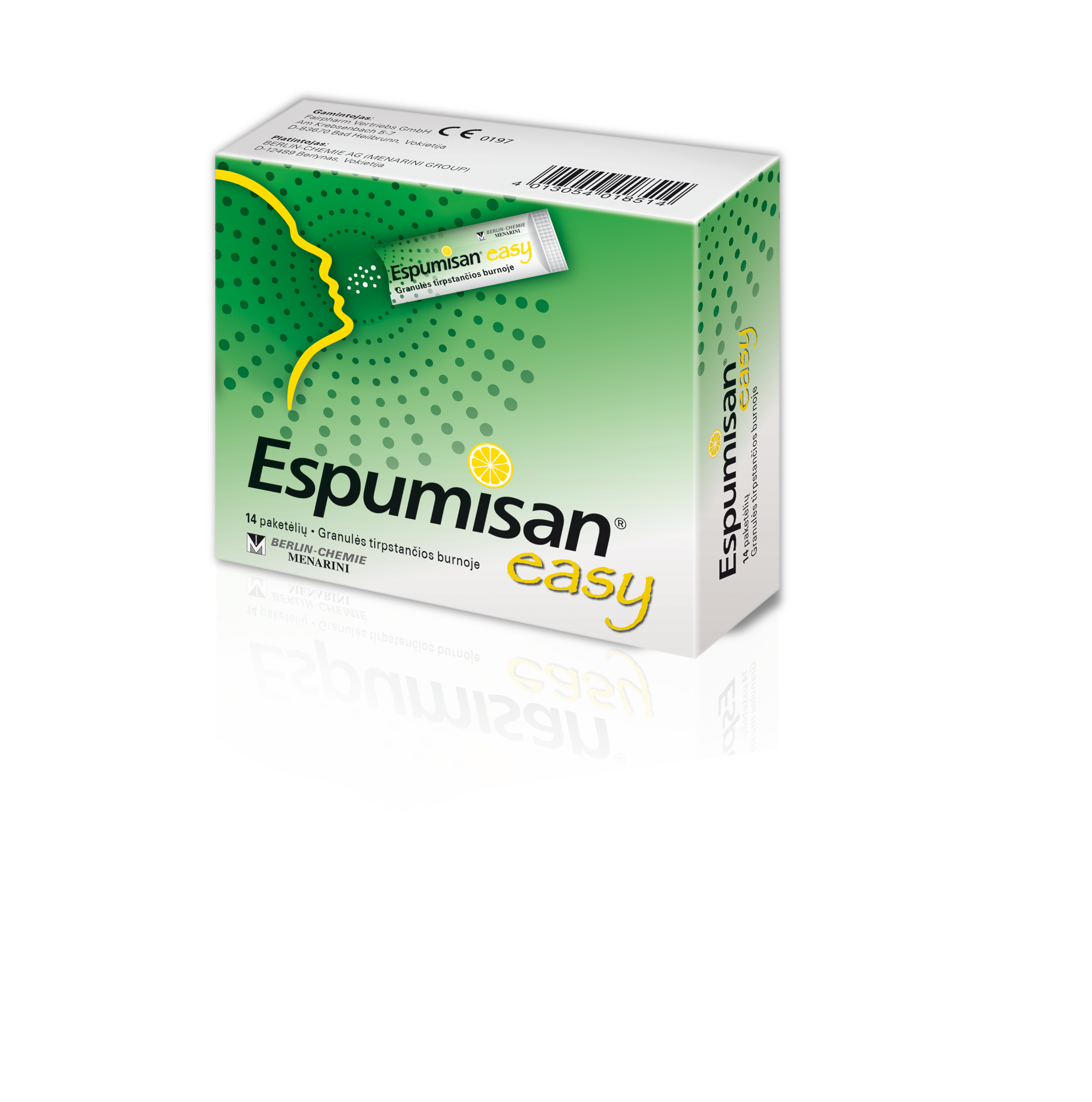 Espumisan® 125 mg burnoje tirpstančių granulių pakuotė